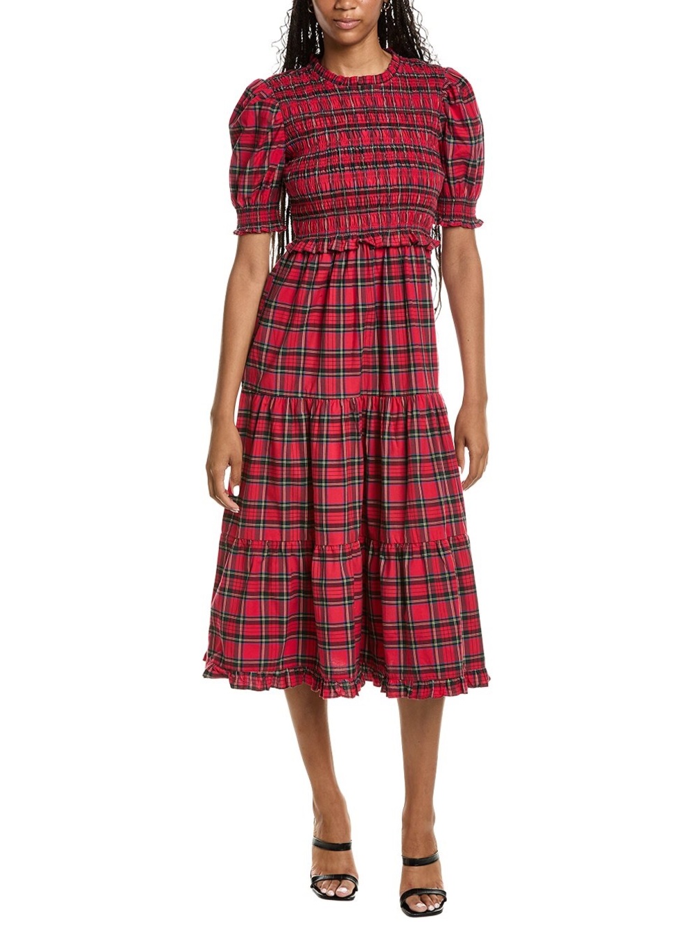 Sail To Sable Puff Sleeve Smocked Midi Dress Red Tartan Plaid S